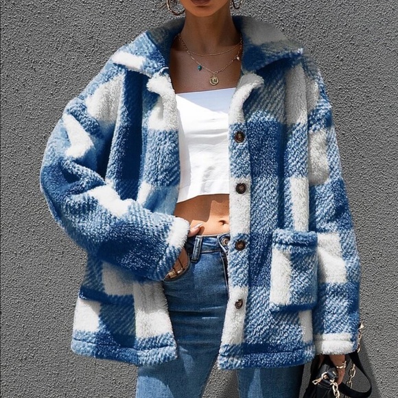 Gingham plaid button down teddy coat - Picture 7 of 7